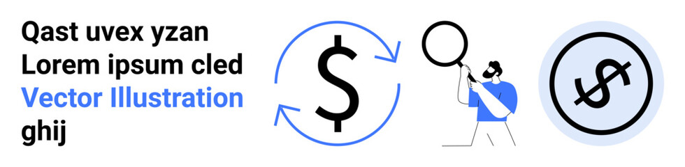 Dollar symbol with circular arrows indicating cash flow, person using magnifying glass for analysis, and a shield icon. Ideal for finance, investments, research, security, money management, savings