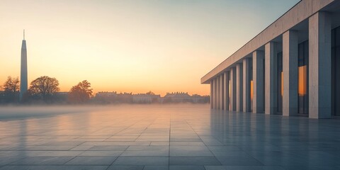 Government building with columns at sunrise and fog