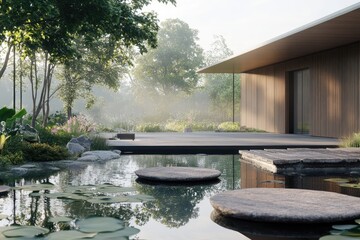 Serene Modern Zen Garden with Water Feature and Minimalist House