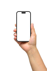 Mockup of female hand holding a black smartphone with blank screen isolated on a transparent background, PNG. High resolution.