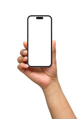 Mockup of female hand holding a black smartphone with blank screen isolated on a transparent background, PNG. High resolution.