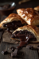 Freshly baked chocolate croissant on a rustic wooden board