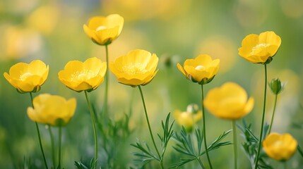 Fototapeta premium Bright Yellow Buttercup Flowers in Various Stages of Bloom: A Colorful Natural Display