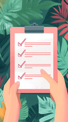 Hands holding a checklist with checkmarks against tropical leaves  