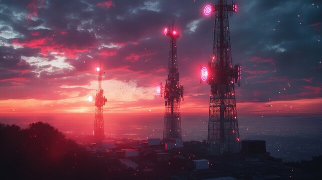 A network of wireless communication towers transmitting data across landscapes.