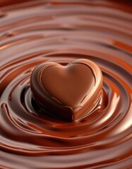 A heart-shaped chocolate emerges from a bed of swirling chocolate ripples, food, deliciousness, high resolution