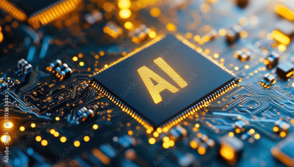 Poster close-up image of a circuit board with ai chip highlighted, technology background featuring glowing 