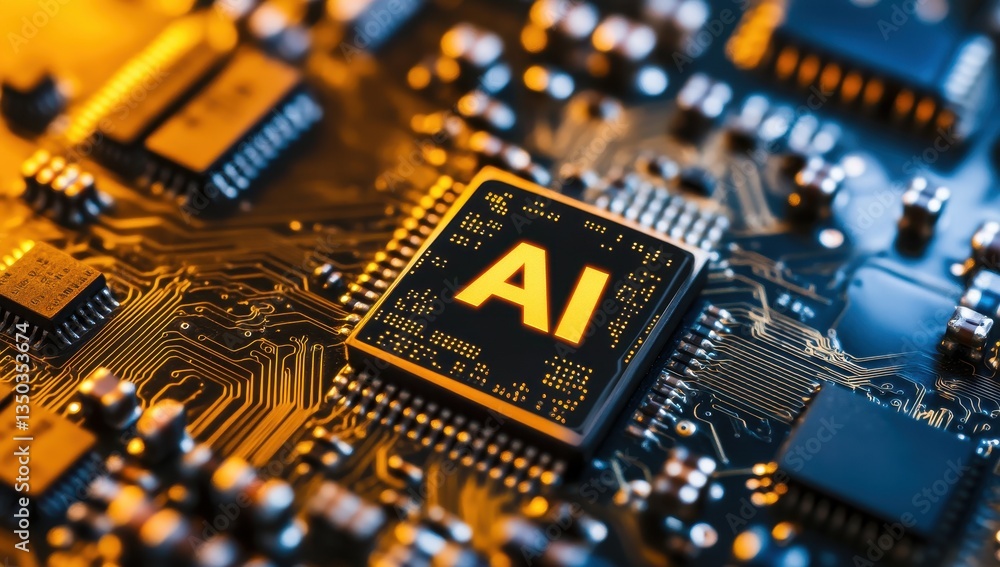 Poster close-up of a circuit board featuring ai technology in a modern digital environment with glowing ele