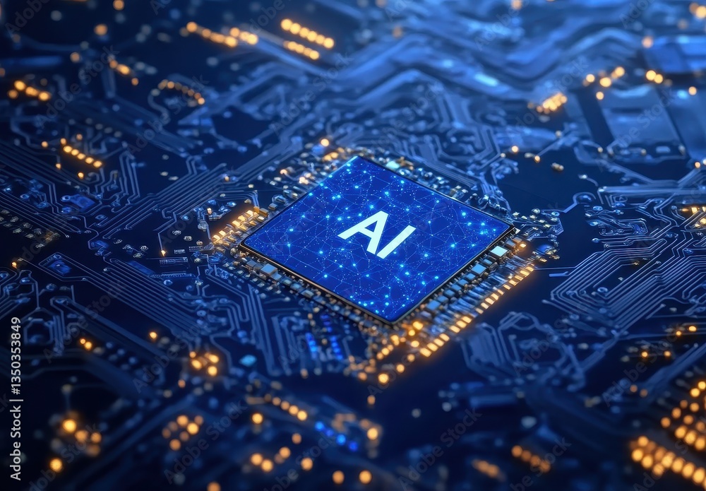 Poster close-up of a computer circuit board featuring a glowing ai chip surrounded by intricate wiring and 