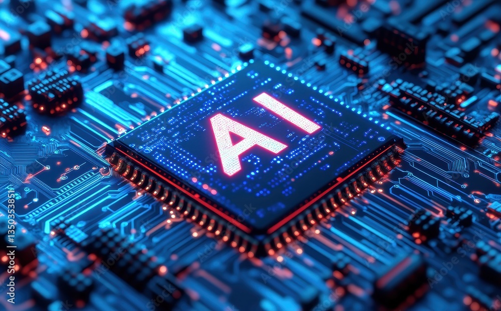 Aufkleber close-up of a futuristic microchip featuring ai technology on a colorful circuit board with blue glo