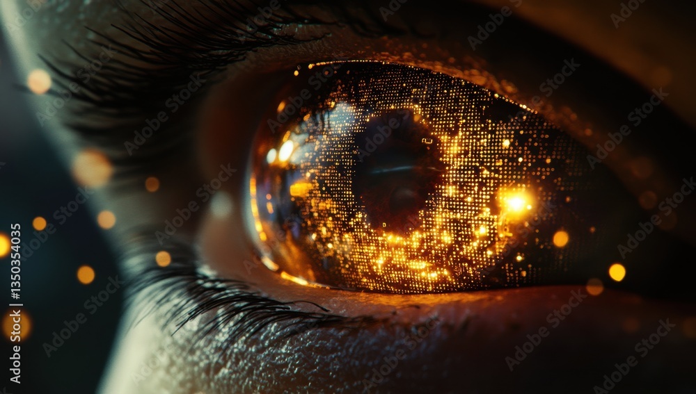 Poster close-up of a human eye with a luminous golden galaxy reflection depicting cosmic patterns and spark