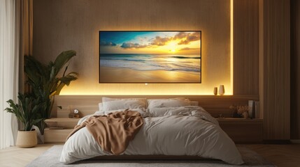 Sunset Beach Scene in a Serene Minimalist Bedroom