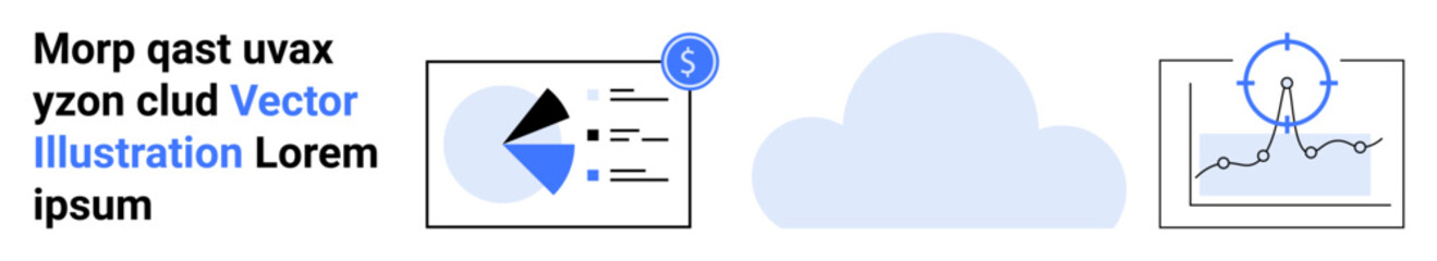 Cloud at center surrounded by analytical graphs with financial and statistical data. Ideal for data analysis, cloud storage, business strategy, infographic design, financial tech, marketing, simple