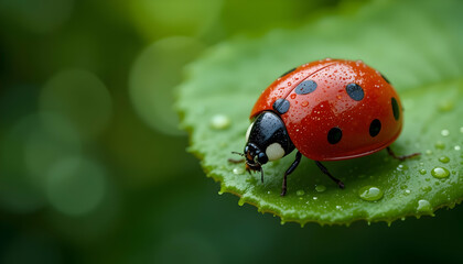 Obraz premium Vibrant Ladybug on Dewy Leaf Macro Photography Nature Insect Wildlife Red Black Spots Green Garden Spring Summer Beauty