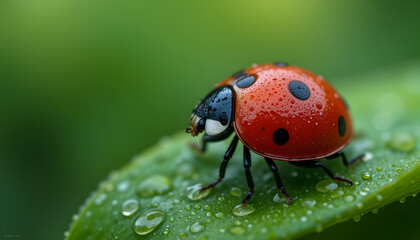 Fototapeta premium Ladybug on Dewy Leaf Macro Nature Photography Insect Close Up Wildlife Red Black Spots Green