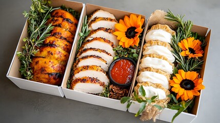 Thanksgiving Feast: Roasted Turkey, Chicken, and Side Dishes in Gift Boxes