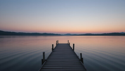 Fototapeta premium Serene lake sunset landscape with wooden pier perfect for travel and relaxation marketing materials
