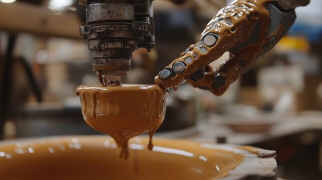 A robotic glazing process adding vibrant and glossy finishes to ceramic surfaces.