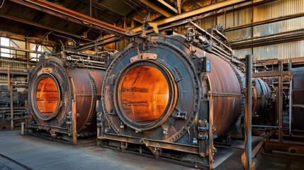 Fototapeta premium A rubber curing process with large vulcanization ovens hardening raw rubber for durability.
