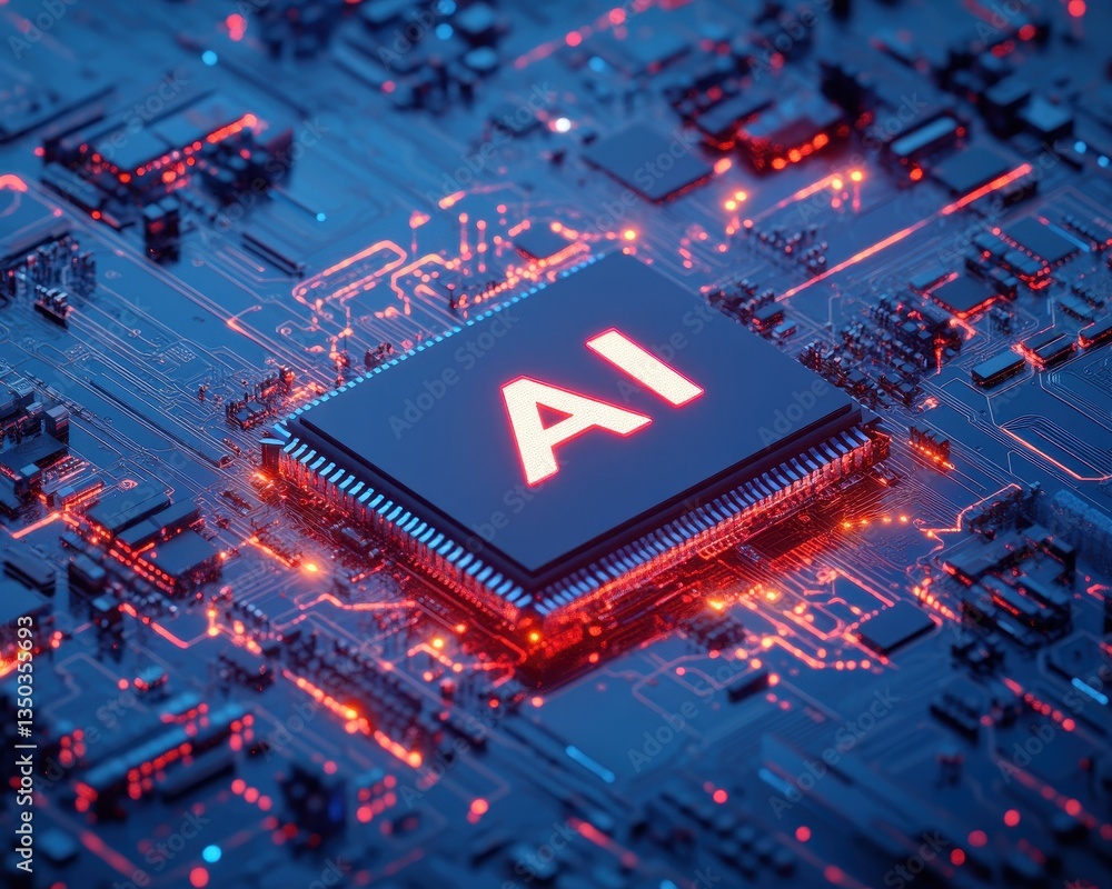 Poster close-up view of a circuit board featuring an ai processor surrounded by colorful lights and complex