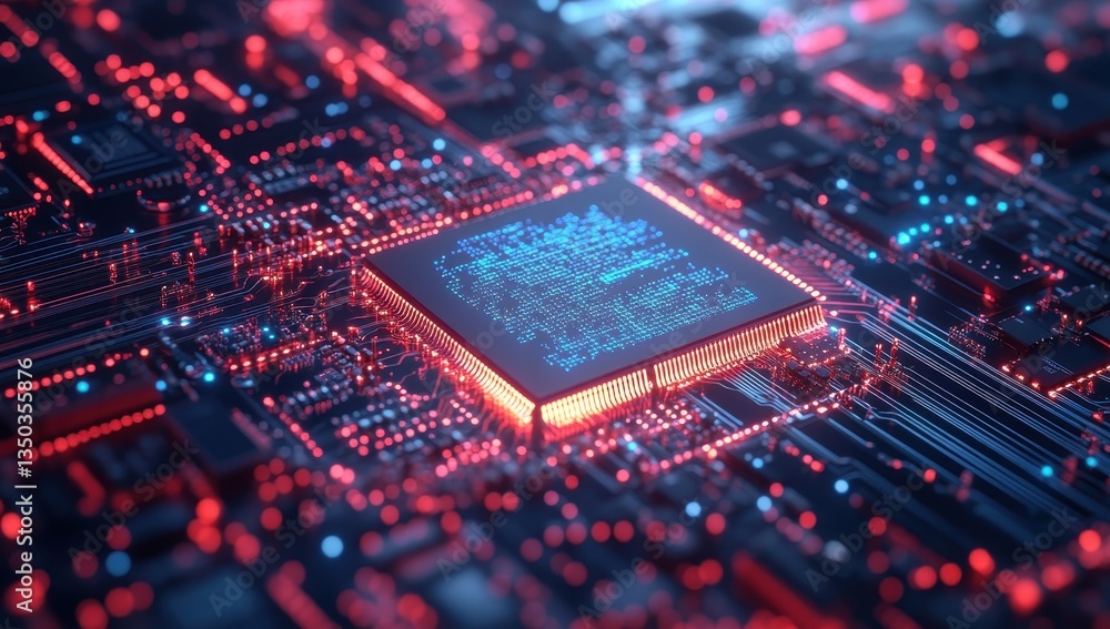 Poster close-up view of a high-tech microchip on a circuit board surrounded by colorful neon lights and dig