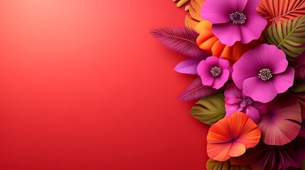 Obraz premium Tropical Flowers Red Background.