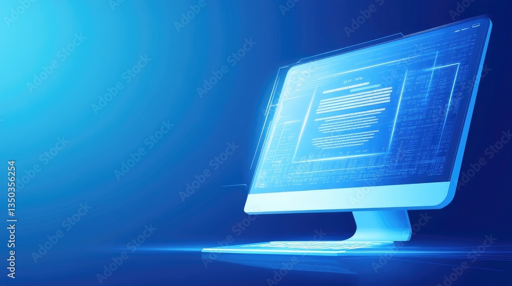 Poster a simple, clean illustration of a desktop computer with a glowing login screen.
