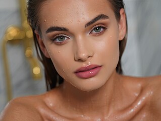 Naklejka premium Beautiful woman with water droplets on her face in a modern bathroom during morning routine