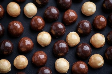 Obraz premium Close-Up View of Assorted Chocolate-Coated Candy Balls in Varied Shades of Brown and Cream on a Black Background