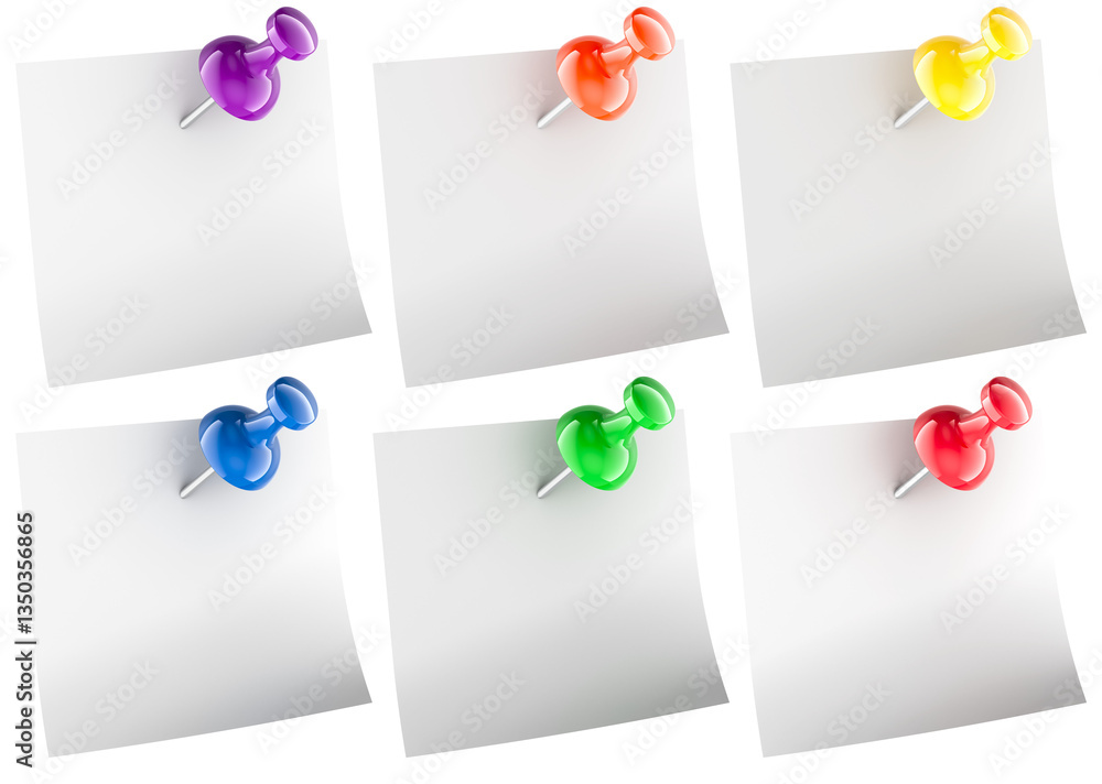 Aufkleber blank white notes papers with colored push pins, 3d rendering isolated on transparent background