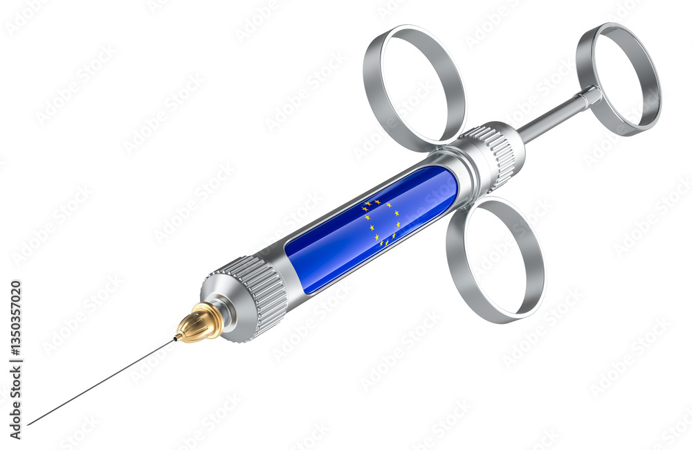 Poster syringe with the european union flag. vaccination in the eu concept, 3d rendering isolated on transp