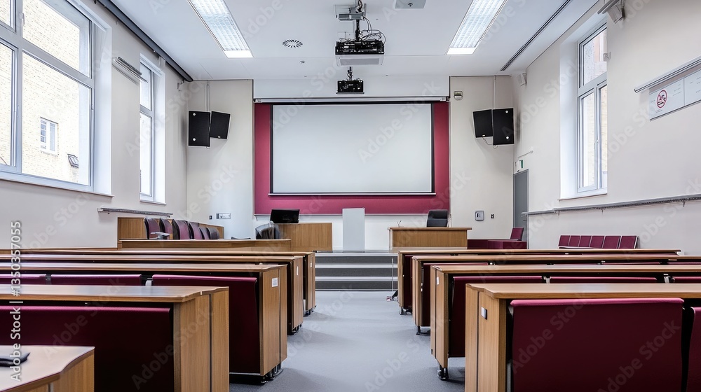 Poster A spacious university-style classroom with a large projector screen and tiered desks.
