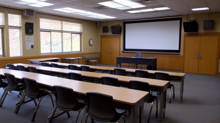 A spacious university-style classroom with a large projector screen and tiered desks.
