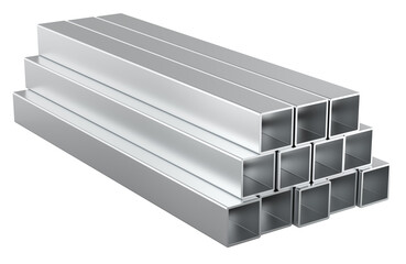 Steel Square Hollow Section Pipe. Rolled metal, square pipes. 3D rendering isolated on transparent background