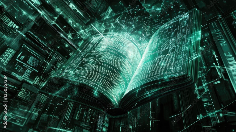 Poster a stylized digital book with ai-driven text processing lines and futuristic ui elements.