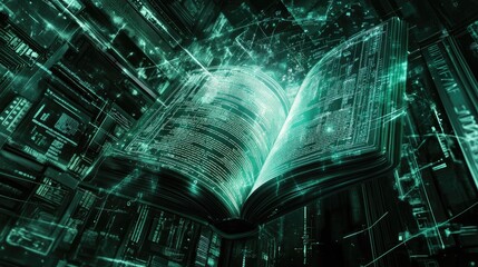 A stylized digital book with AI-driven text processing lines and futuristic UI elements.