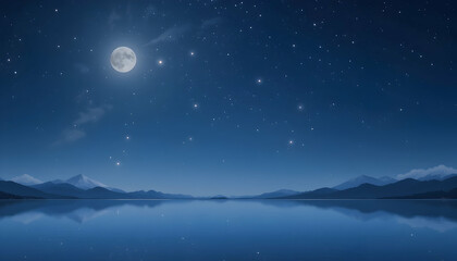 Serene moonlit night landscape with starry sky tranquil lake and majestic mountains reflecting in the calm water