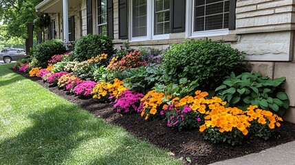 Vibrant Spring Flowerbed Landscape Design Colorful Blooms Near House
