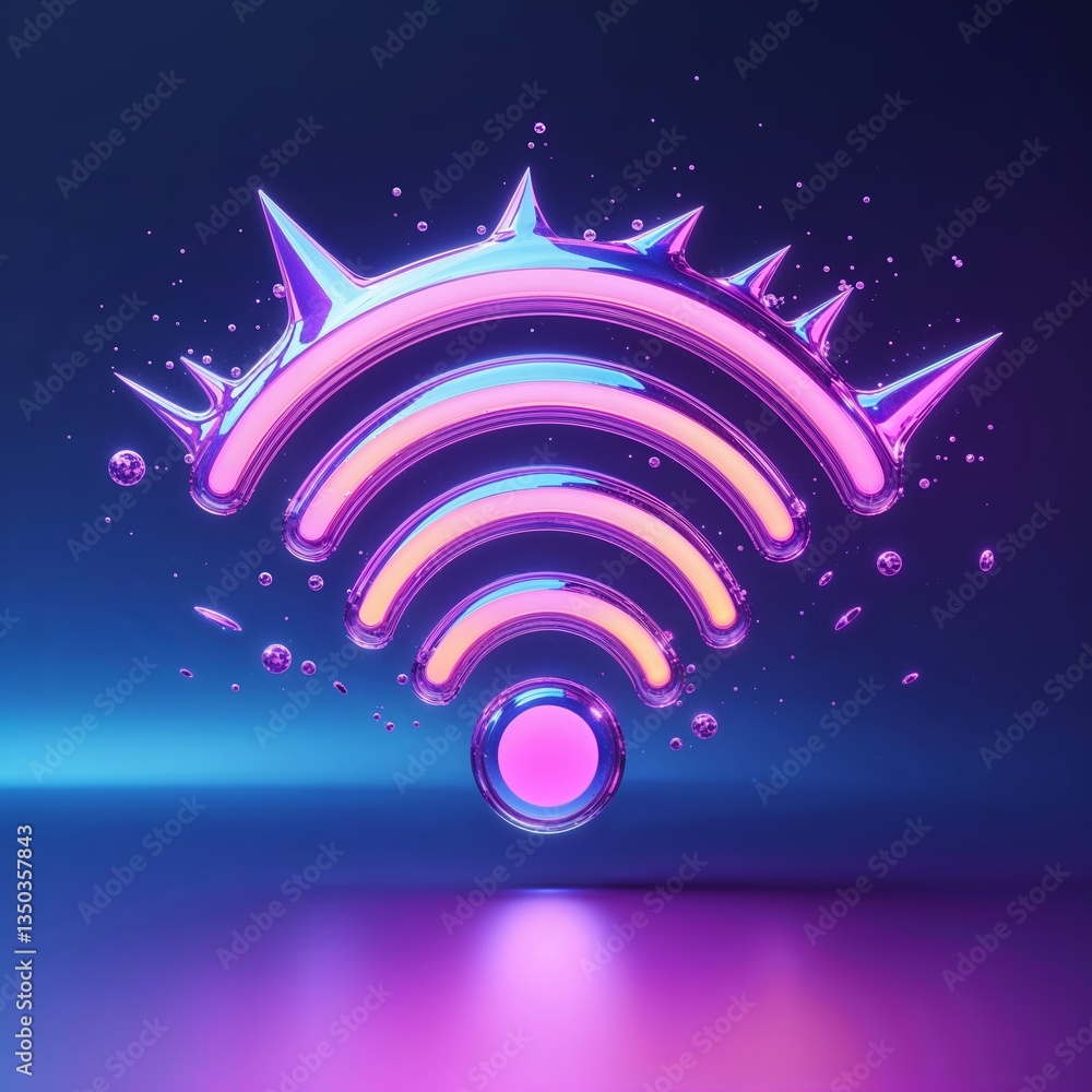 Poster bright and colorful wireless symbol with dynamic waves and splashes in a digital atmosphere