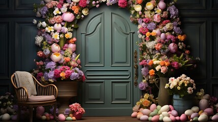 A Floral Easter Doorway: A symphony of pastel hues and spring blossoms adorning a classic teal door, creating an enchanting Easter scene.