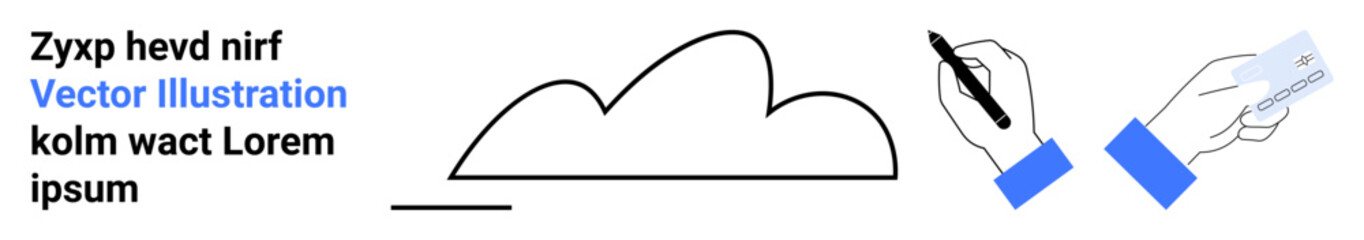 Hand holding pen writing text, drawing cloud, and holding ID card. Placeholder text symbolizes communication. Ideal for content creation, visuals, branding, design, identity education simple