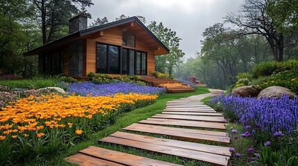 Fototapeta premium Wooden Pathway Winding Through a Lush Garden to a Modern Cabin