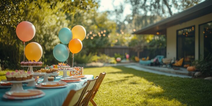 Colorful balloons and festive treats decorating a backyard birthday party table