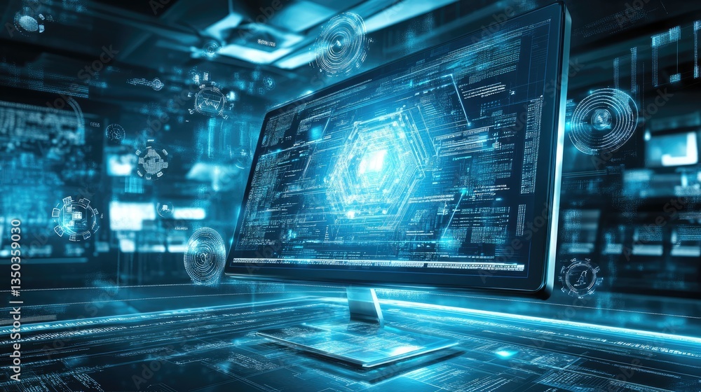 Poster a vector image of a glowing digital computer monitor surrounded by floating data.