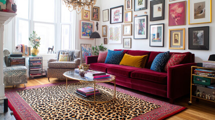 Maximalist living room with vintage decor and eclectic art display