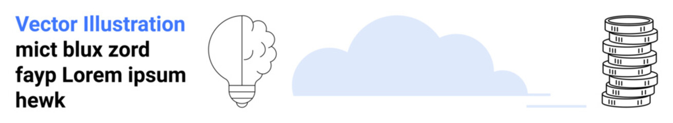 Lightbulb with brain symbolizing ideas, cloud for digital storage, stacked coins for finance and economy. Ideal for technology, innovation, cloud computing, entrepreneurship, education, business