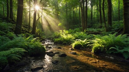 Obraz premium Espectacular paisaje de bosque verde con rayos de sol creando un ambiente mágico sobre un arroyo rodeado de musgo y vegetación