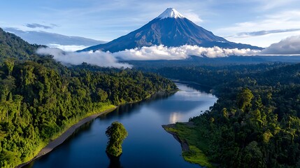 Obraz premium Turquoise Crater Lake and Lush Rainforest with Majestic Volcano