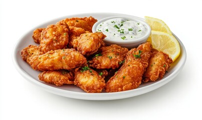 Fototapeta premium Plate of Crispy Fried Chicken with Dipping Sauce and Fresh Lemon Wedges on a White Background, Perfect for Culinary Promotions or Menu Design