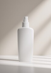 White cosmetic spray bottle on light background with shadow. Minimalist skincare product packaging mockup. Clean beauty concept for sunscreen or moisturizer.